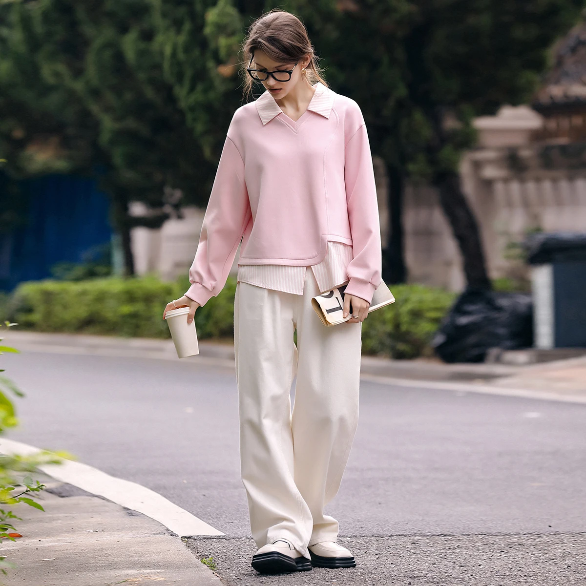 OLrain Women Long Sleeve Sweater 2025 Spring Summer Fads  V-neck Spliced Lapel Fake Two-piece Loose Pullover Tops O24CR90009