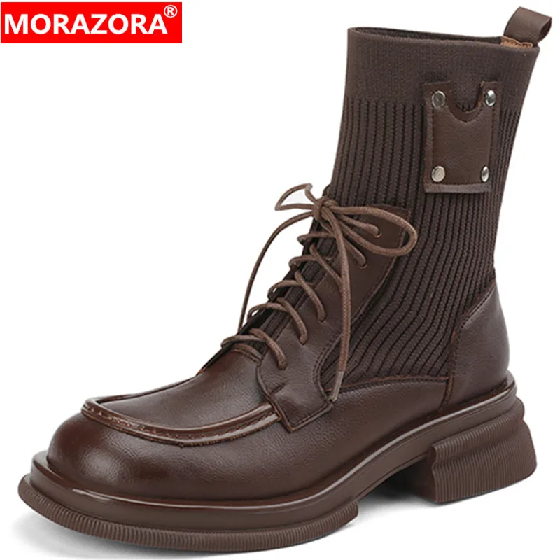 

MORAZORA 2022 New Retro Genuine Leather Women Boots Square Med Heels Ankle Boots Cross Tied Spring Autumn Boots