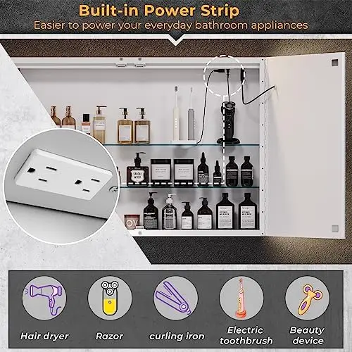 Lighted Medicine Cabinet with Mirror, Wall Mounted Bathroom Mirror with Storage, 2 Doors Bathroom Wall Cabinet with LED view 6