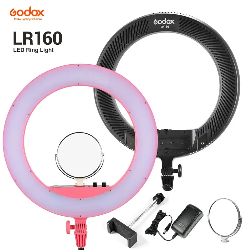 Godox LR160 LED 링 라이트, 메이크업 미러 포함, 이중 색상 3300-8000K, 18W 비디오 셀카 메이크업 필 조명, 라이브 촬영