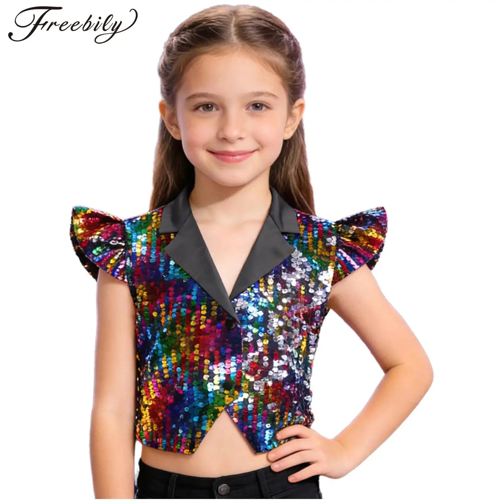Kids Girls Metallic Jazz Hip Hop Dance Crop Vest Top Fly Sleeve Lapel Button Sequin Waistcoat for Disco Party Prom Performance