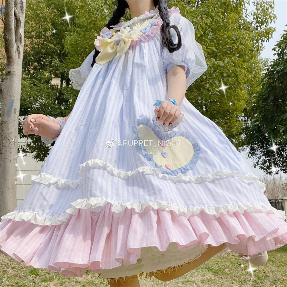 Cute Girls Sweet Princess Button Bowknot Cosplay Lolita Dress Puff Sleeve Pearl Peter Pan Collar Kawaii Woman Ruffle Lolita Op