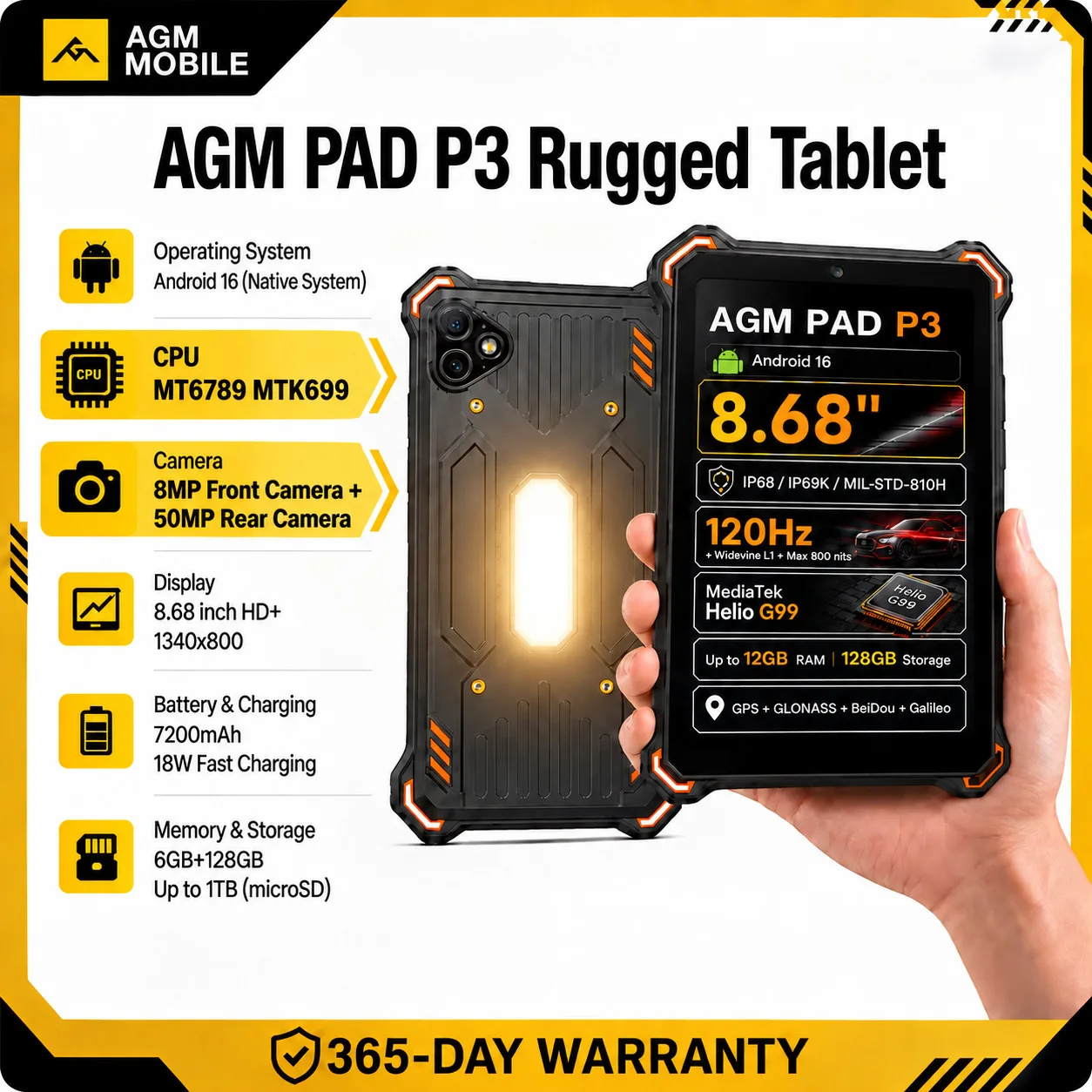 AGM PAD P3, 견고한 내구성을 갖춘 8.68인치 안드로이드 태블릿, 7200mAh 배터리, 120Hz 주사율, 6GB RAM, 128GB 저장 공간, 4G 지원, 글로벌 버전.