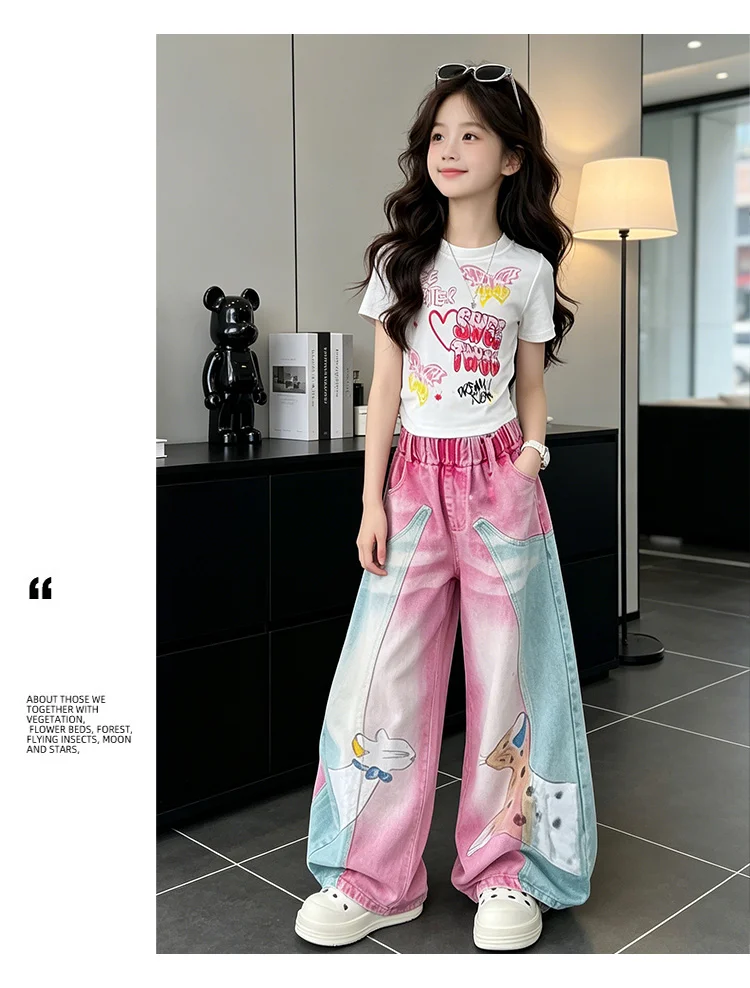 1 Set Mädchen Cartoon-Print-Set Kinder Sommer Kurzarm-Oberteile und Weitbein-Jeans-Anzug Modisches Kostüm Niedliche Kinder-Freizeitsets – Detail 2