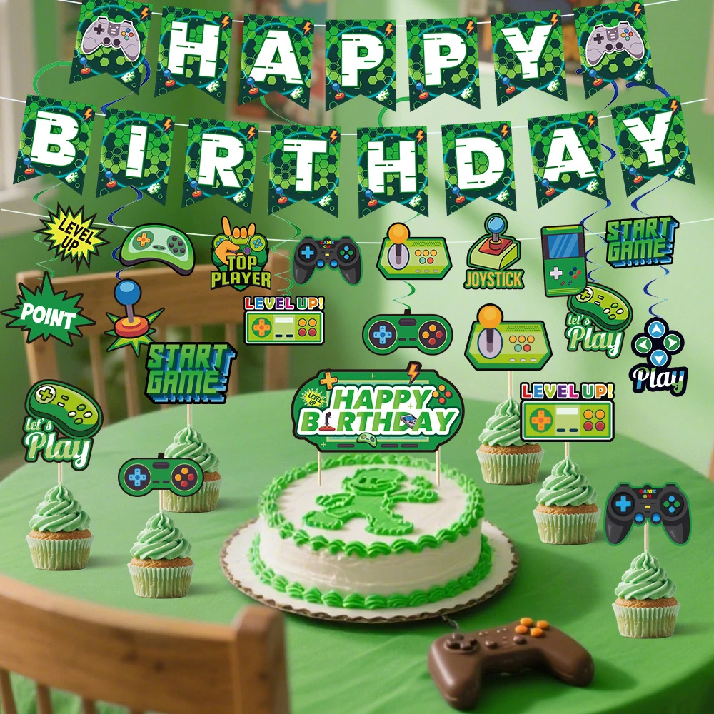 

Game Theme Birthday Party Decoration Includes Banner Cake Toppers Hanging Number Balloons Children's Birthday Surprise Gift