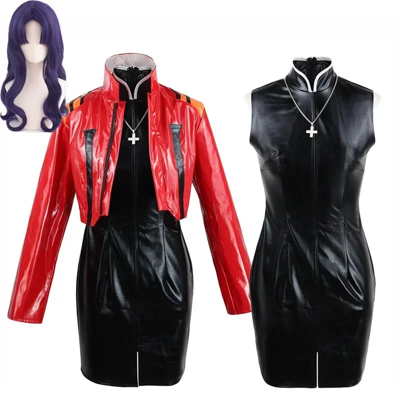 

Katsuragi Misato Cosplay Costume Halloween Katsuragi Misato Full Set Red Jacket Dress Necklace Wig Anime Uniform Misato Outfits