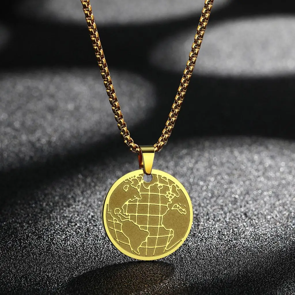 QIMING Globe Coin Chain Necklace For Women Men Geometric Stainless Steel Jewelry World Necklace Best Friend Gift