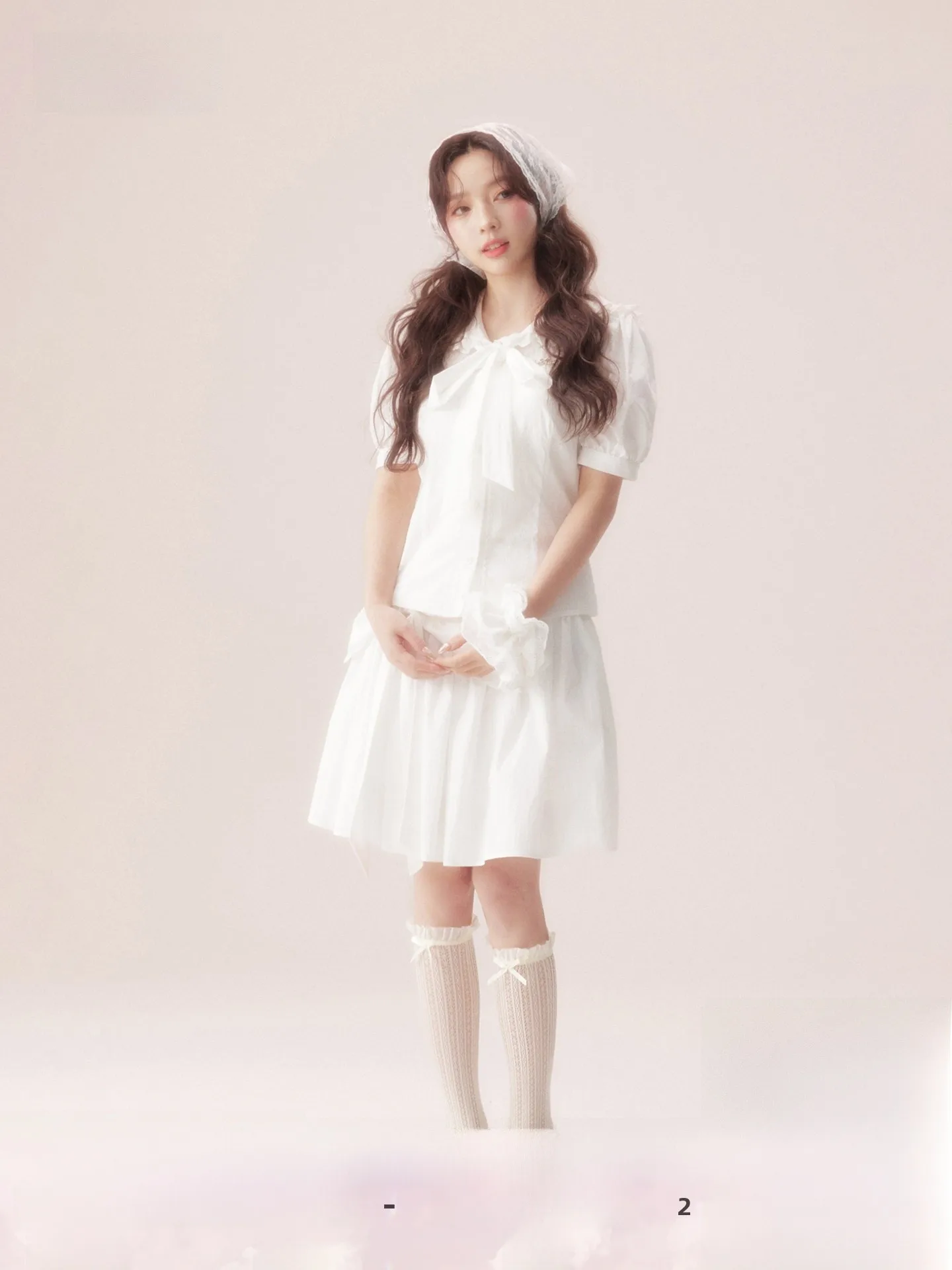 

AooRaa Sea Salt White Blue Knot Shirt Half Skirt Set Women's Fashion Spring Summer Outfit Cotton Nylon Fabric