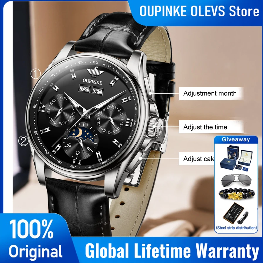 

Мужские механические автоматические часы OUPINKE с фазами Луны, хронографом, кожаным ремешком, водонепроницаемые, деловые наручные часы для мужчин 3189