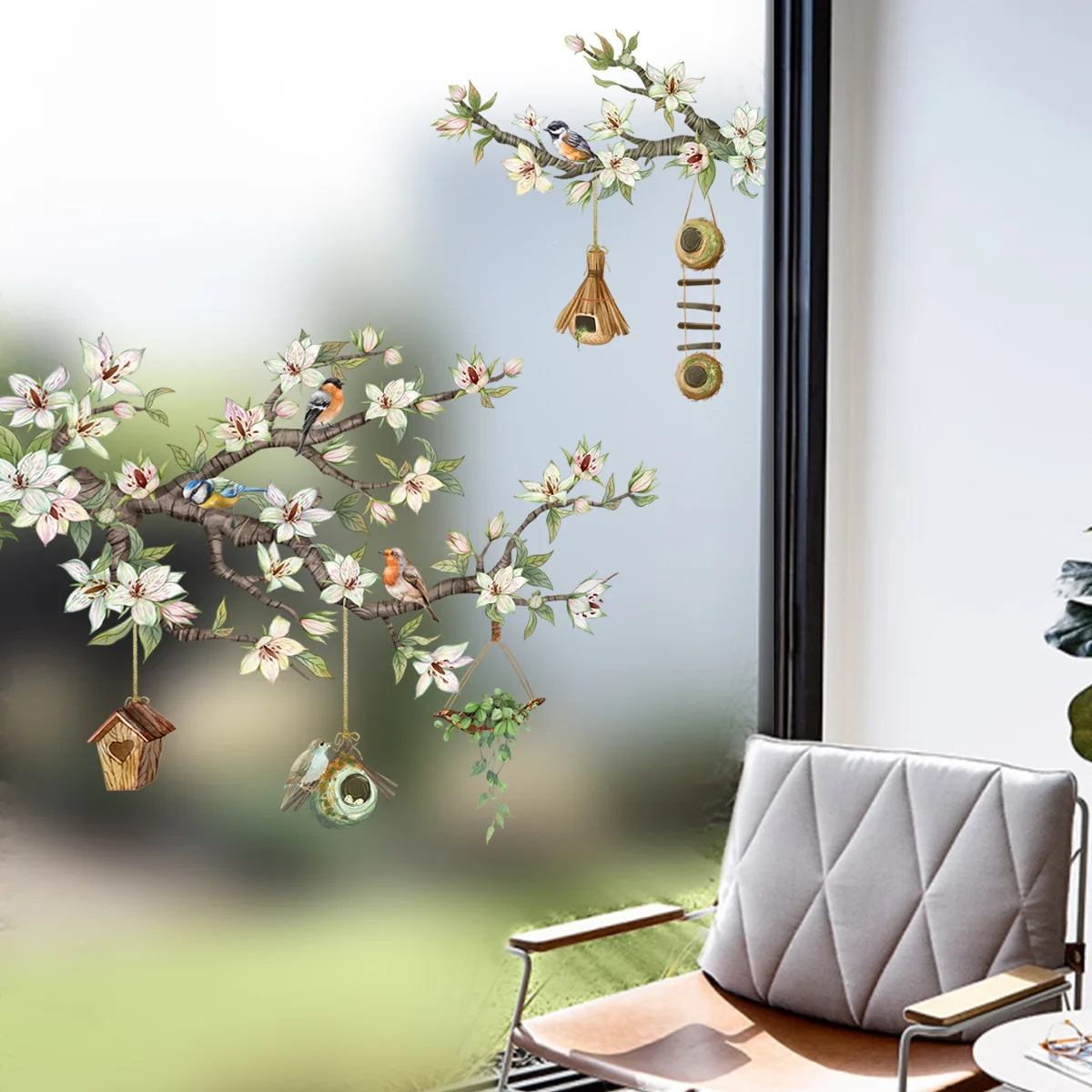 New Birds on Flower Branch Window Wall Sticker Mural Self-adhesive Décoration Birdcage Decal Wallpaper for Glass Room Decor