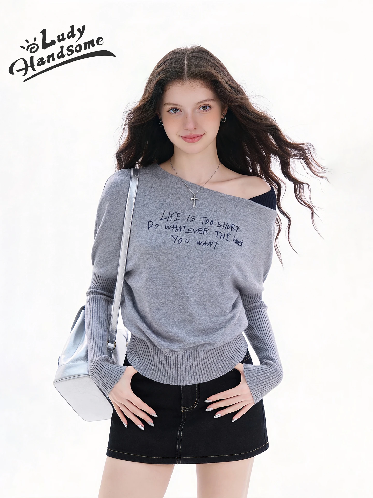 

Asymmetric oulder Letter Print Sweater Women's Faion Spring New Sle Slimming Versatile Knitted Top Casual Loose Fit