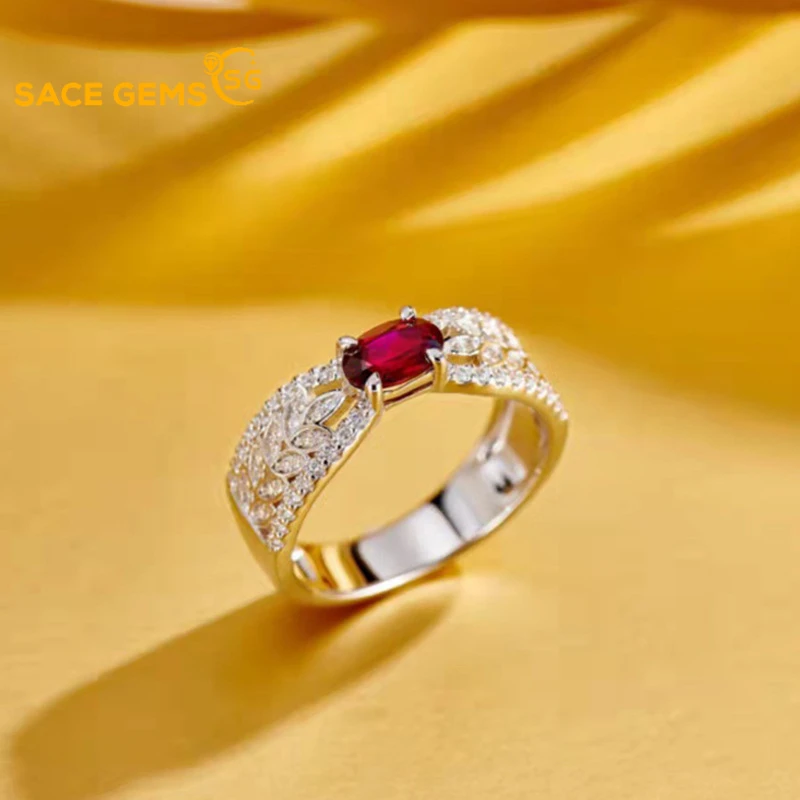 

SACE Gem Ruby Lady Ring S925 Sterling Silver Plated 18K Gold Vintage Chic Luxury Wedding Engagement Birthday Valentine Gift