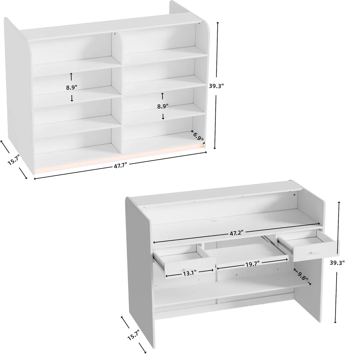مكتب استقبال مع عداد للبيع بالتجزئة والخروج، وعداد استقبال أمامي حديث مع أضواء LED وأدراج وأرفف مفتوحة