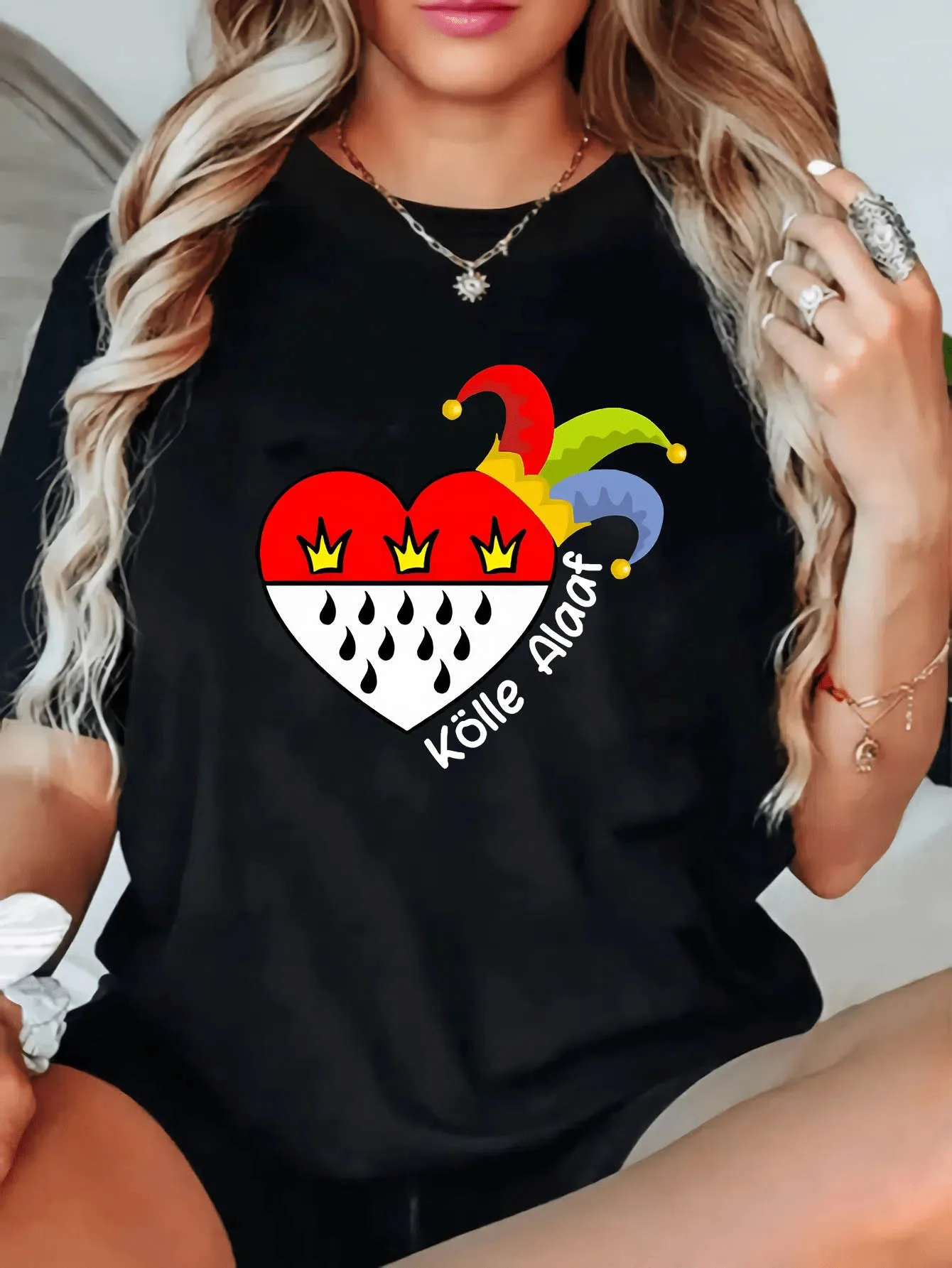 Kölner Karneval - Camiseta de verano con cuello redondo para mujer con un divertido diseño de Colonia con diseño de sombrero de payaso, ropa vintage