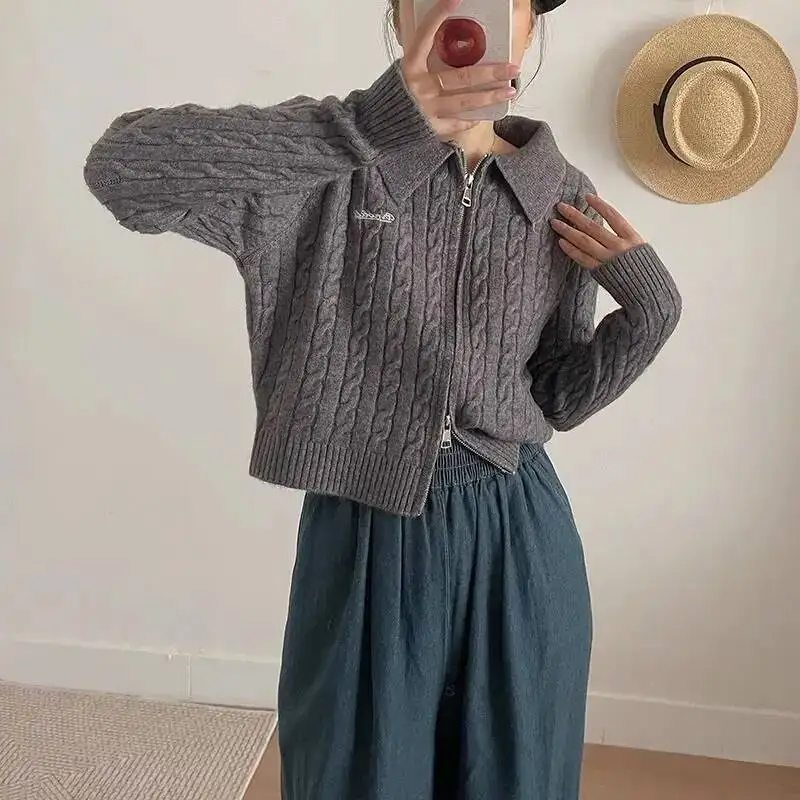 Lapel Twist Double Zipper Knitted Cardigan For Women In Winter New Slim Versatile Top Short Sweater Jacket