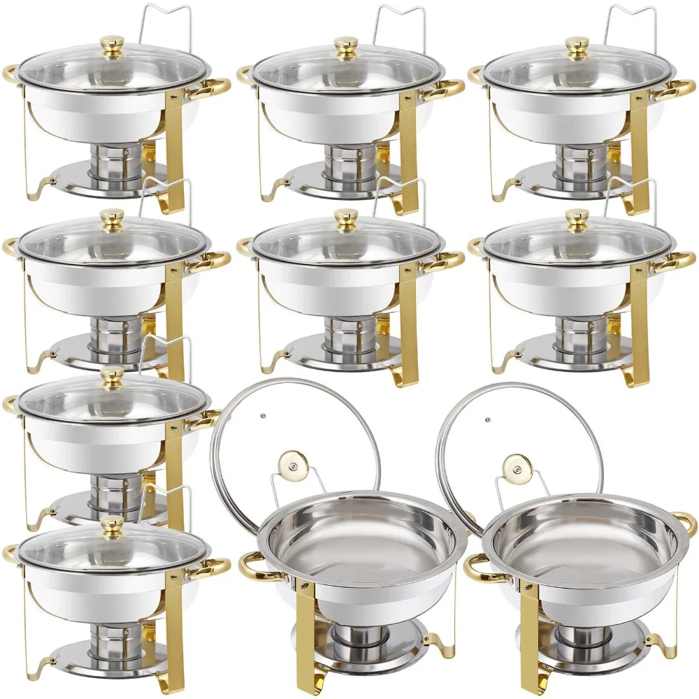 

10 Pack Chafing Dish Buffet Set Round w/ Glass Lid & Lid Holder Stainless Steel