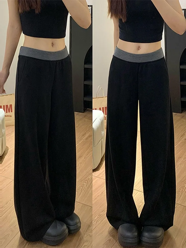 

plus Size Women's Casual Bla Splice Sports Pants High Waist Loose Slimming Wide Leg Floor-Length Trousers Autumn New Sle