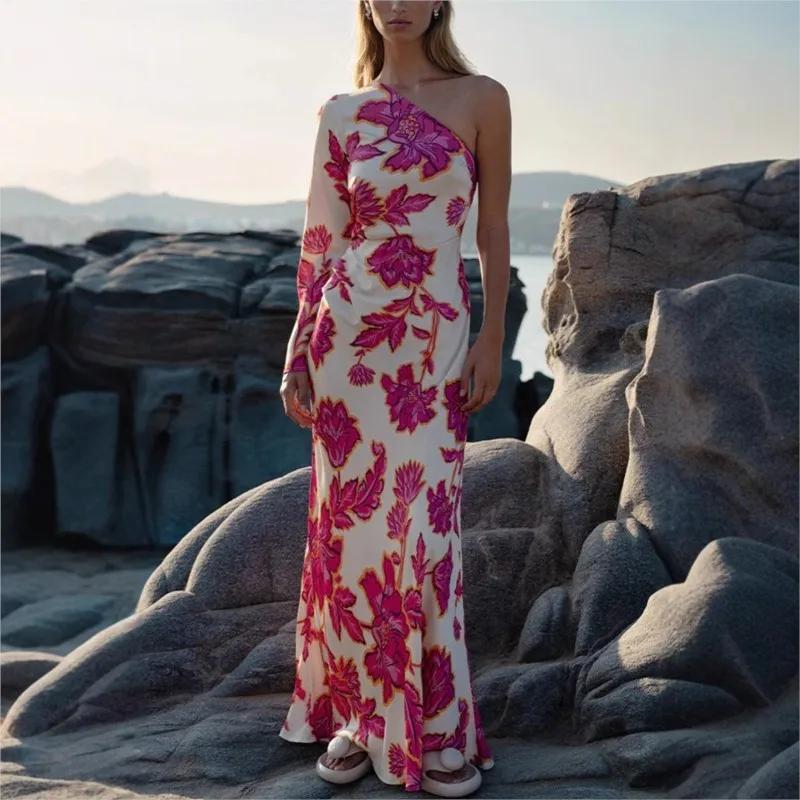 

Bohemian Sexy One Shoulder Dress Women 2025 Fashion Elegant Floral Printed Holiday Long Sleeve Vestidos Beach Party Maxi Dresses