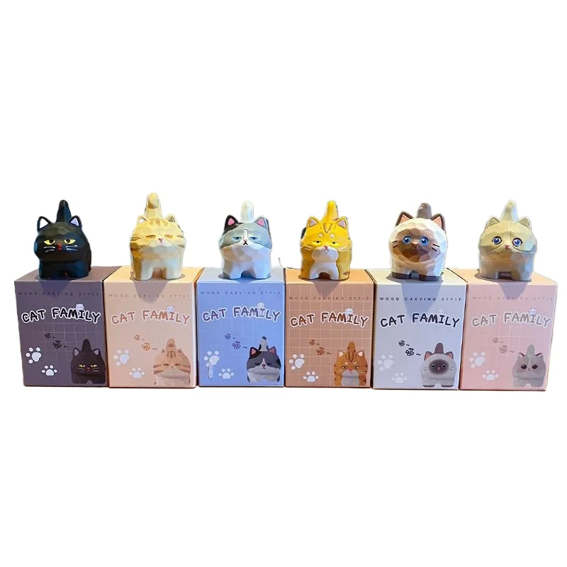 Resin Small Cat Ornament Colorful Mini Imitation Wood Carving Meow Family Kitten Figurines Cute Crafts Gifts Desktop Decor