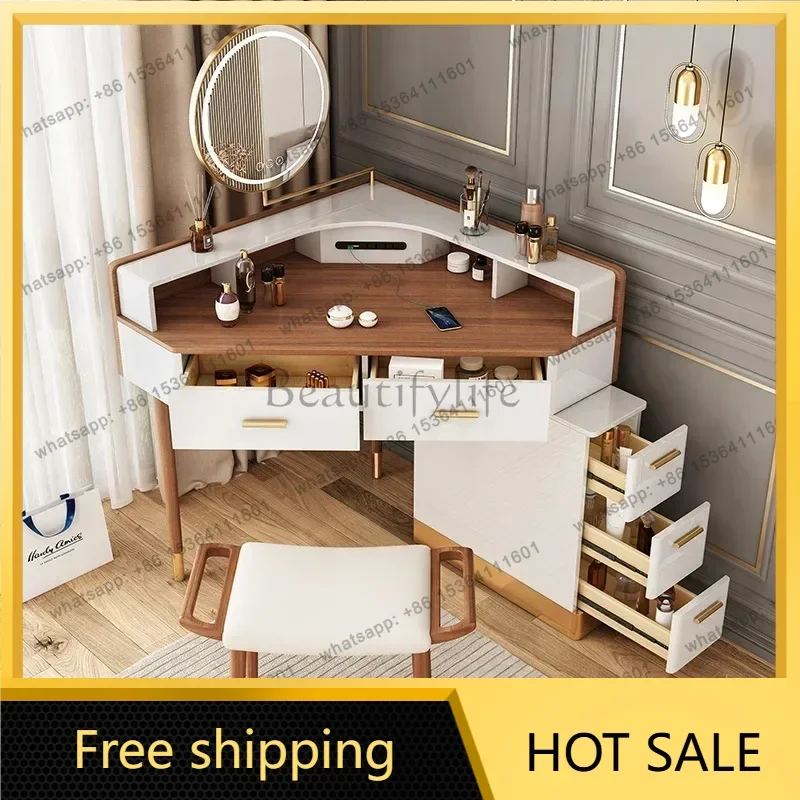 LDWomen Makeup Dressing Table Vanity Desk Angle Bedroom Luxury Corner Hairstyle Dresser Table with Mirror   Furniture