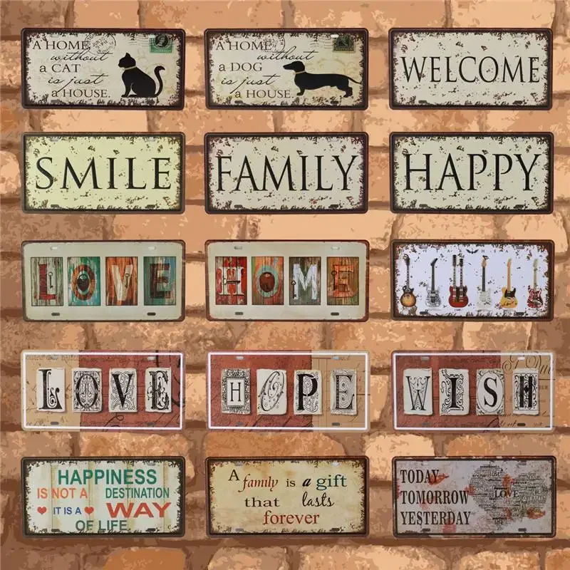 Text Signs Welcome Love Family Warm-Hearted Word Metal Plate Car License Tin Sign Wall Pin Up Tin Sign Retro Craft Iron Painting