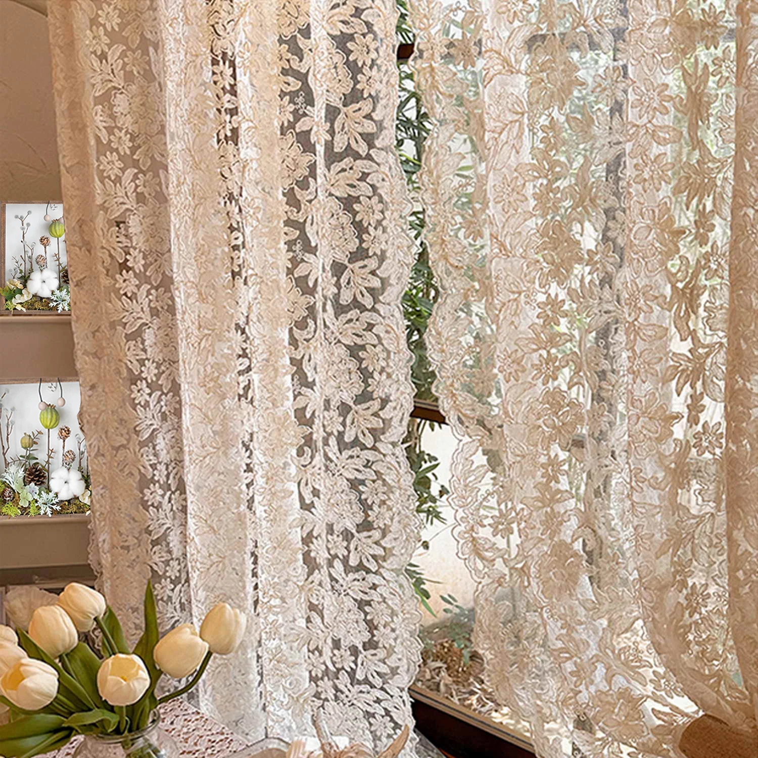 3D Flower Lace Curtains for Bedroom Kitchen French Romance Lace Embroidered Curtains Rod Pocket Top Woven Sheer Curtains