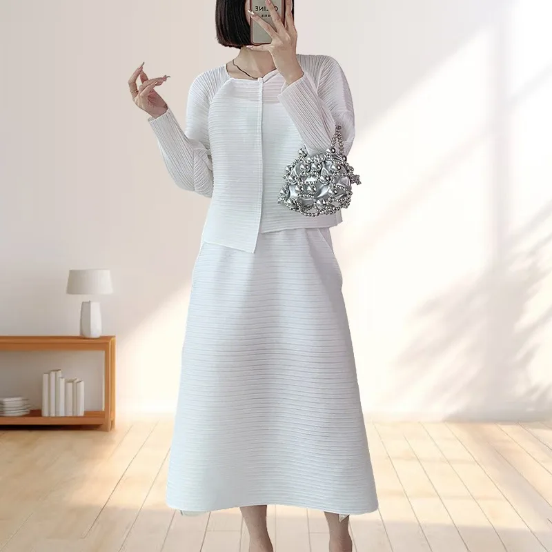 

Miyake Pleated Women's New Solid Color Top Half Skirt Set Simple Casual Loose Thin Jacket Coat Elastic Waist Stretch Half Skirt