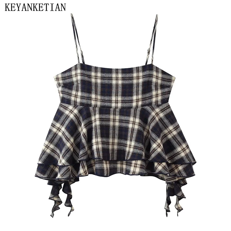 

KEYANKETIAN, новый летний женский многослойный жилет с рюшами и нерегулярной сеткой, женский короткий облегающий топ без рукавов