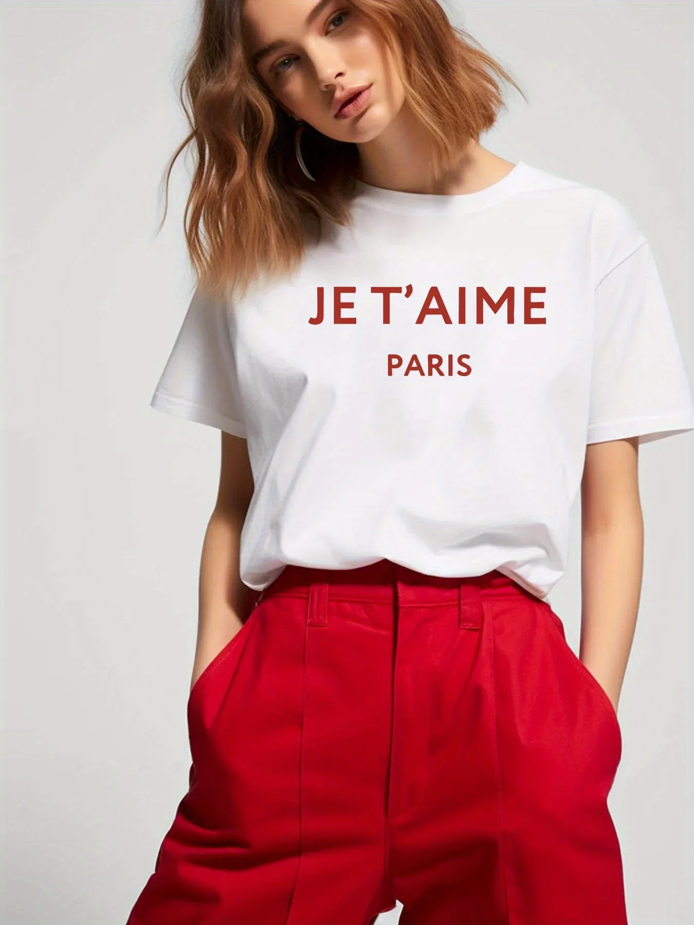

With Red Letter Print Casual Wear Glossy Texture Parisian Chic Graphic Tee for Women - Casual Crew Neck Sleeve Spring Tops Tees