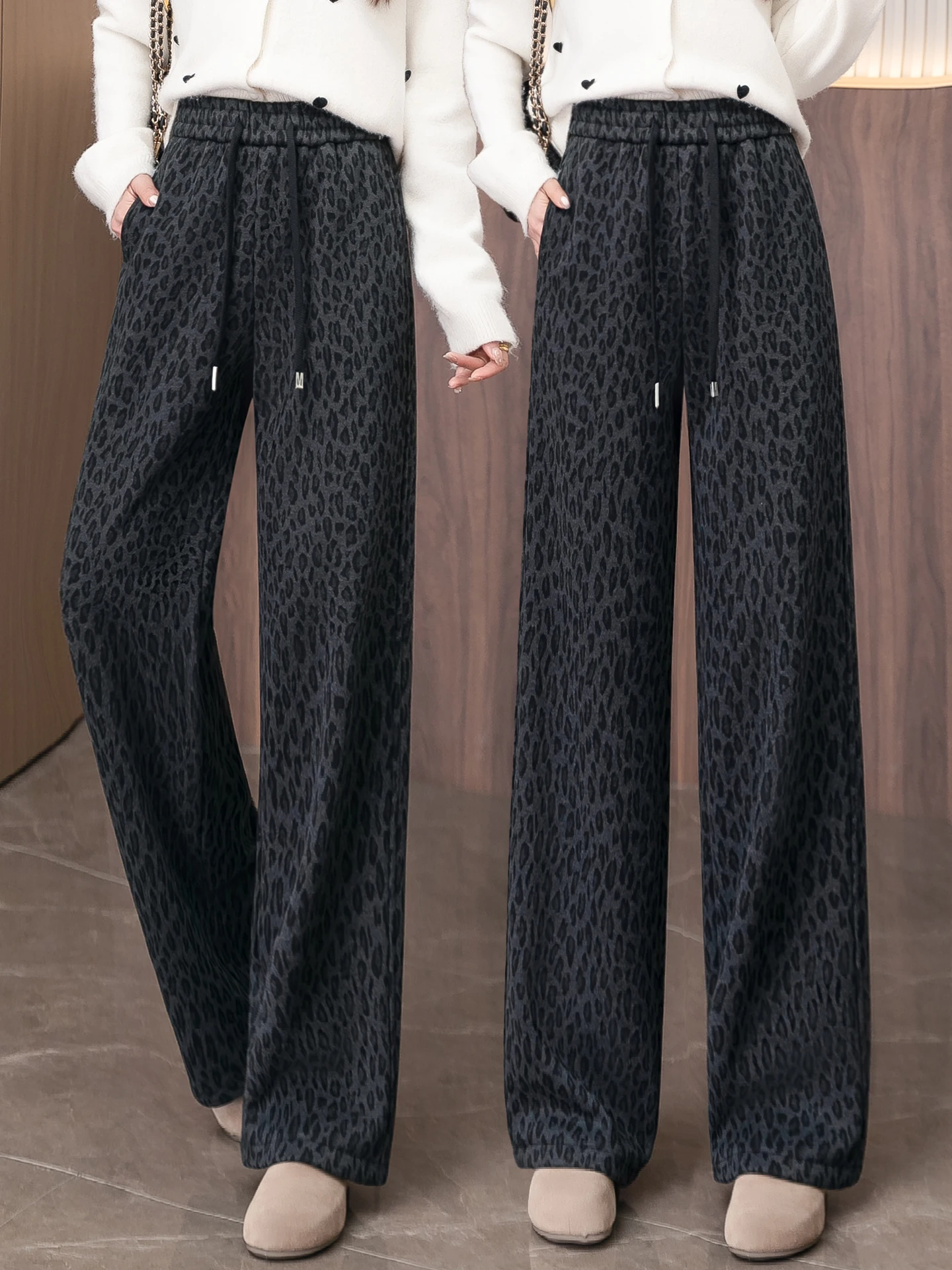 

Толстые брюки с леопардовым принтом на флисовой подкладке, женские повседневные свободные брюки с высокой талией, свободного кроя, прямого силуэта, осень-зима