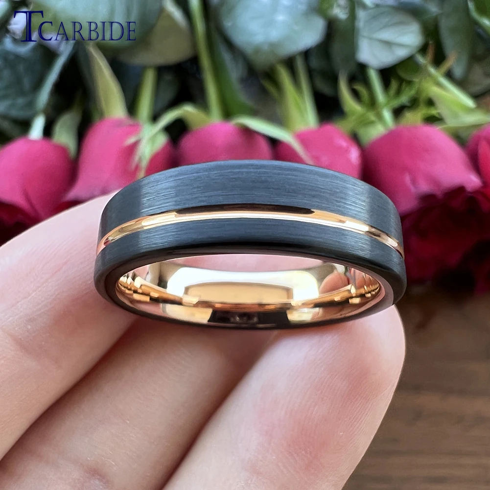 6MM Multicolor Tungsten Wedding Band For Men Women Black Gold Color Offset Grooved Brushed Fashion Gift Jewelry Comfort Fit