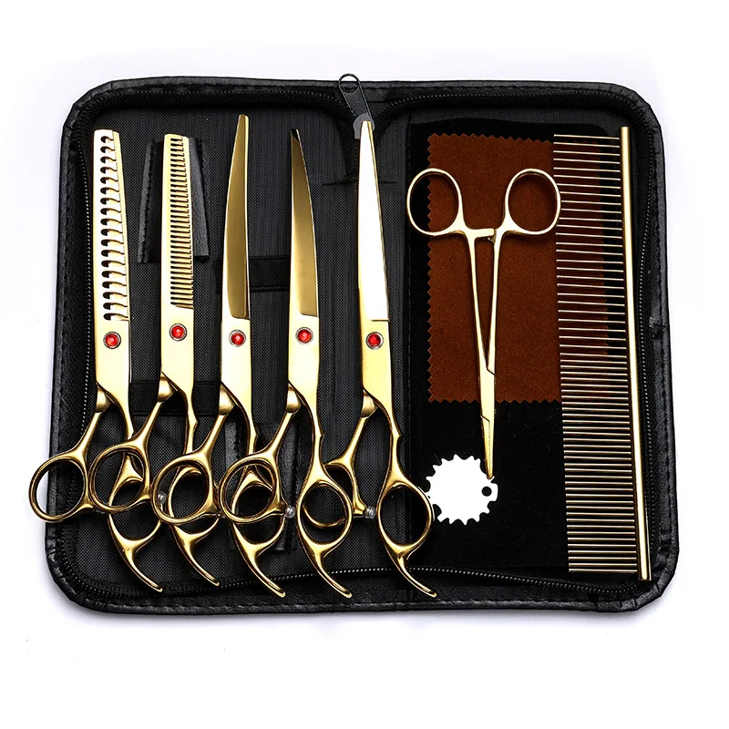 Professional 7 Inch Pet Dog Cat Grooming Scissors Kit, Stainless Steel Straight Curved Thinning Shears Comb for Hair Cutting
