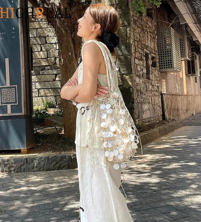 

Сумка-ракушка ручной работы, тканое ведро с кисточками и вышивкой, бродяга на плечо, сумка с деревянной ручкой, вечерний клатч