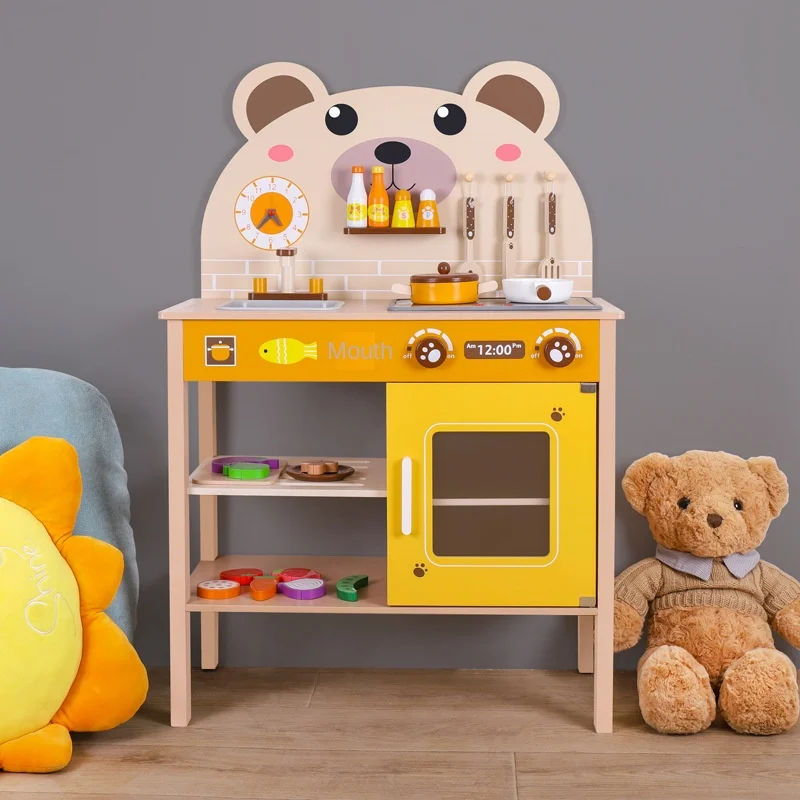Sound Light Simulation Wooden Bear Kitchenware Toy Set MDF Packaged Box Accessories for Home Play Refrigerator for Girls