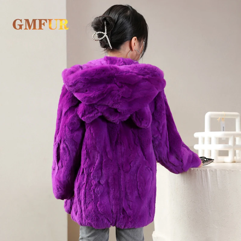 Hot Sale Luxury Authentic Rex Rabbit Fur Coat Children Autumn Winter Fashion Warm Mid-length Hooded Coat Girls Natural Fur Coat