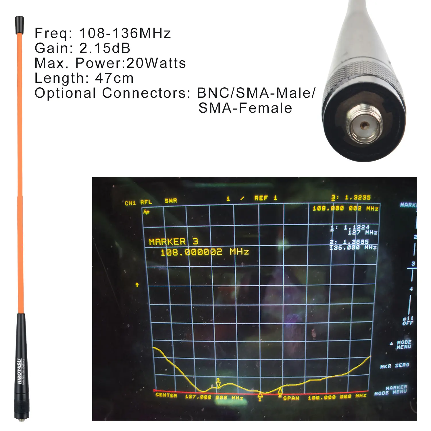 สายอากาศ108-136MHz แบบมือถือสายอากาศ2.15dB 47ซม. ความยาว20วัตต์ Hiroyasu PHD-795สำหรับ UV-17Pro GPS