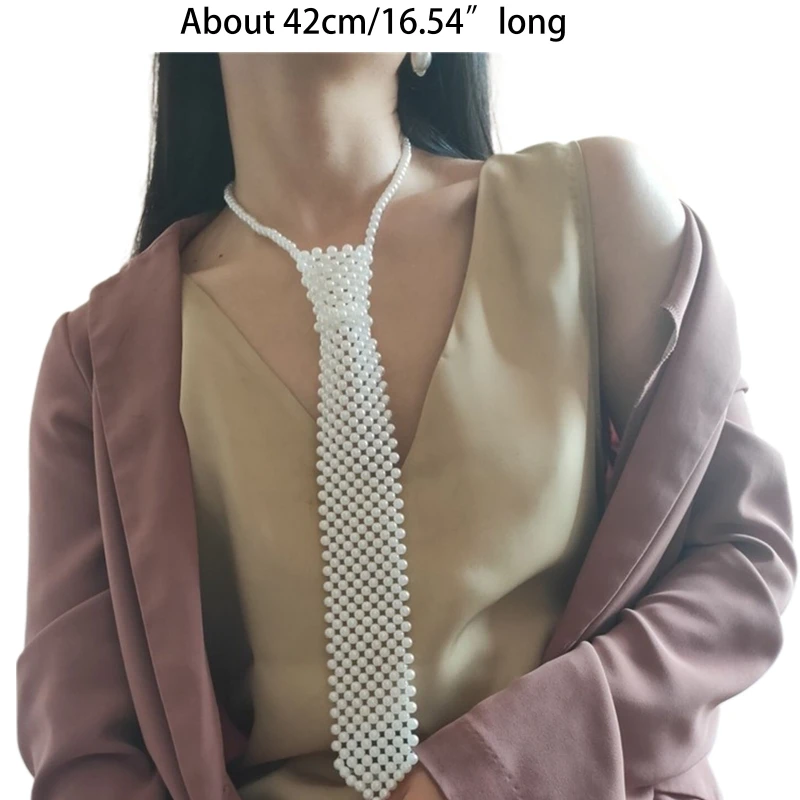 

Women Hollow Out Woven Imitation Pearl Necktie Necklace Retro Weaving Beaded Vintage Jewelry Choker Shirt Tie Collar for F3MD