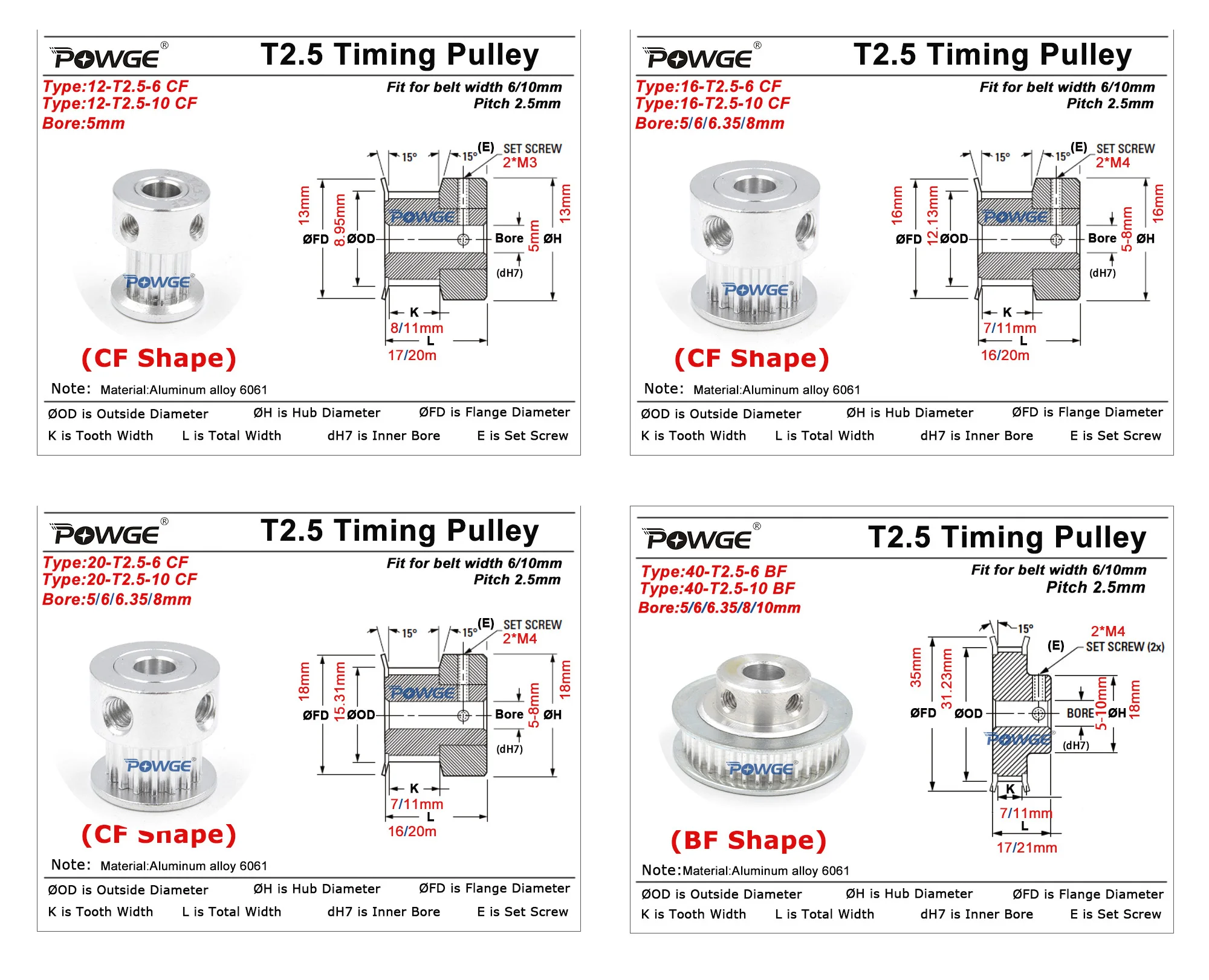 POWGE 12 16 20 40 Teeth T2.5 Timing Pulley Bore 5-10mm For Belt Width 6/10mm 12T 16T 20T 40T 12Teeth 16Teeth 20Teeth 40Teeth