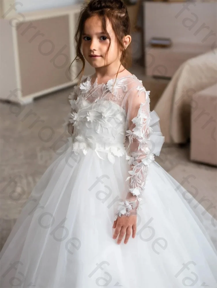 Vestidos de menina de flor personalizados princesa branco feito à mão tule para concurso de casamento primeira comunhão vestidos de festa infantil