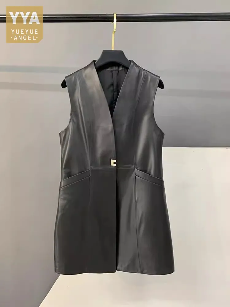Damska elegancka kamizelka z prawdziwej skóry owczej z dekoltem w serek, długa kamizelka zapinana na jeden guzik, modna kamizelka biurowa, damska, codzienna kurtka bez rękawów