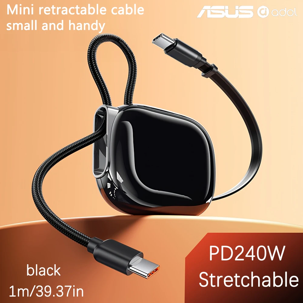 ASUS Retractable USB‑C to USB‑C 240W 5A PD Braided Fast Charging Data Cable for IPhone17 Pro Max Samsung Xiaomi Huawei Android