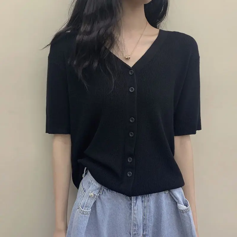 

New Spring Summer 2024 Korean Fashion V-neck Women Sweater Top Retro Gentle Thin Ice Silk Black Short Knitted Cardigan Top