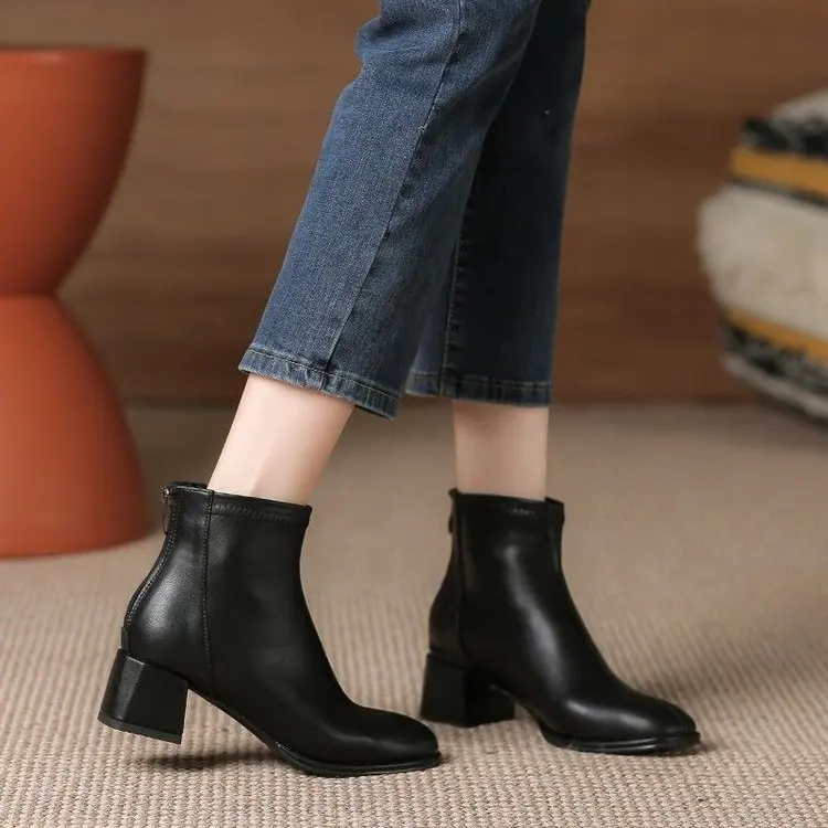 Fashion Ankle Boots for Women Back Zipper Stretch Middle Heel Large Size Short Boot Fashion Round Shoes Botas De Mujer 2024