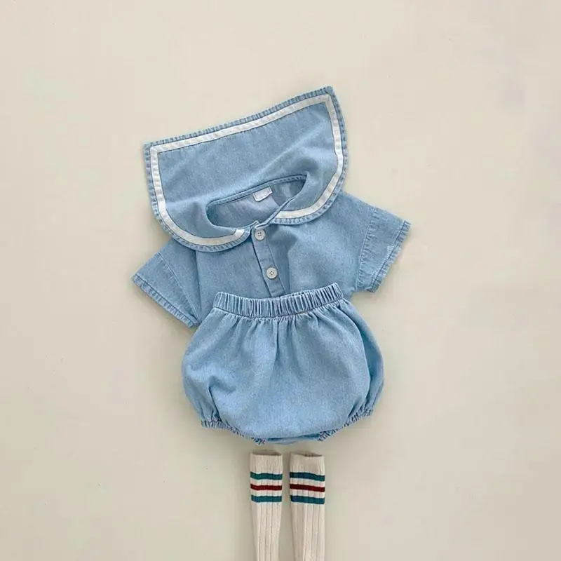 Adorable Lapel Collar Toddler Boy Girl Denim Shirt Bloomer 2Pcs Set Summer Baby Cotton Breathable Overalls Kids Clothes