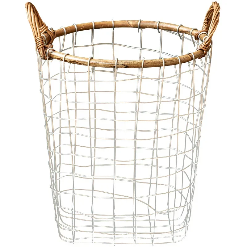 Retro Minimalist Wrought Iron Mesh Storage Basket Woven with Rattan and Iron Wire Pure Handmade Hand-held Storage Basket