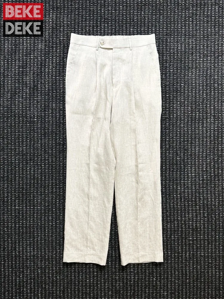 Spring Summer Mens Business 100% Linen Straight Suit Pants Ankle Length Office Man Fashion Work Trousers Breathable Casual Pants