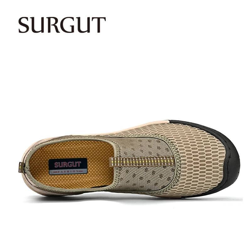 SURGUT Summer Mesh Upper Men Casual Shoes Pigskin Spliced Soft Elastic Sole For City Walk Plus Size 38-46