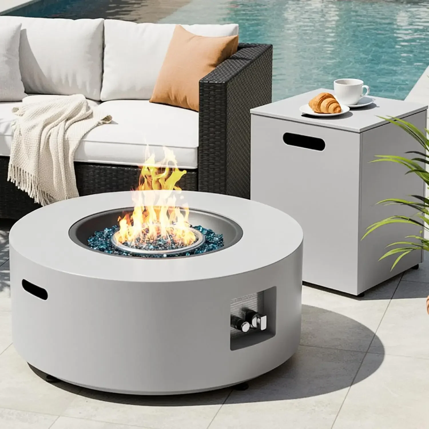 US Shipping 30-Inch Round Propane Fire Pit Table, 50,000 BTU, Light Gray | Gas Fire Pit with Integrated Tank Storage; Steel Burn