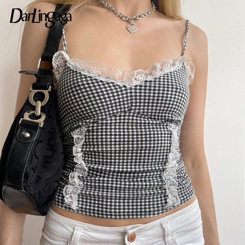 

Darlingaga Vintage Strap Chic Summer Cropped Top Sleeveless Y2K Clothes Plaid Tops Camis Lace Spliced Contrast Color Short Cute