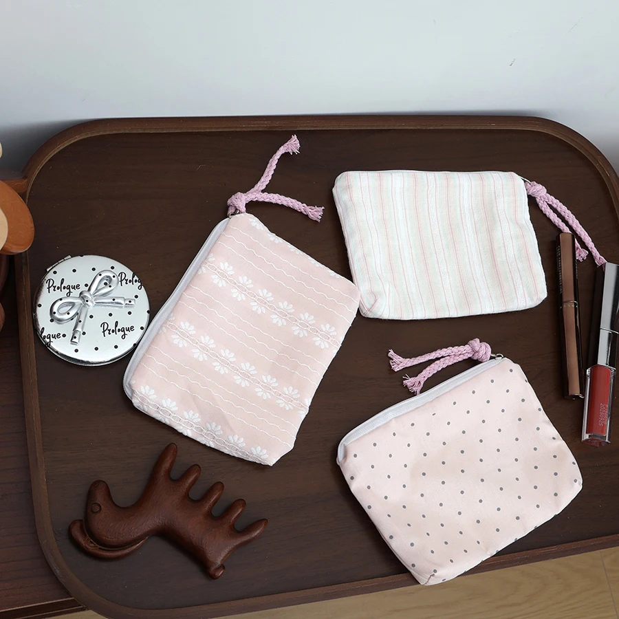Pink Striped Women Cosmetic Bag Cute Mini Wallet Portable Lipstick Earphone Key Storage Pouch Travel Makeup Organizer Purse